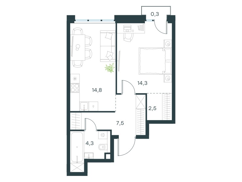 Планировка: 1-комнатная, 43.7 м²