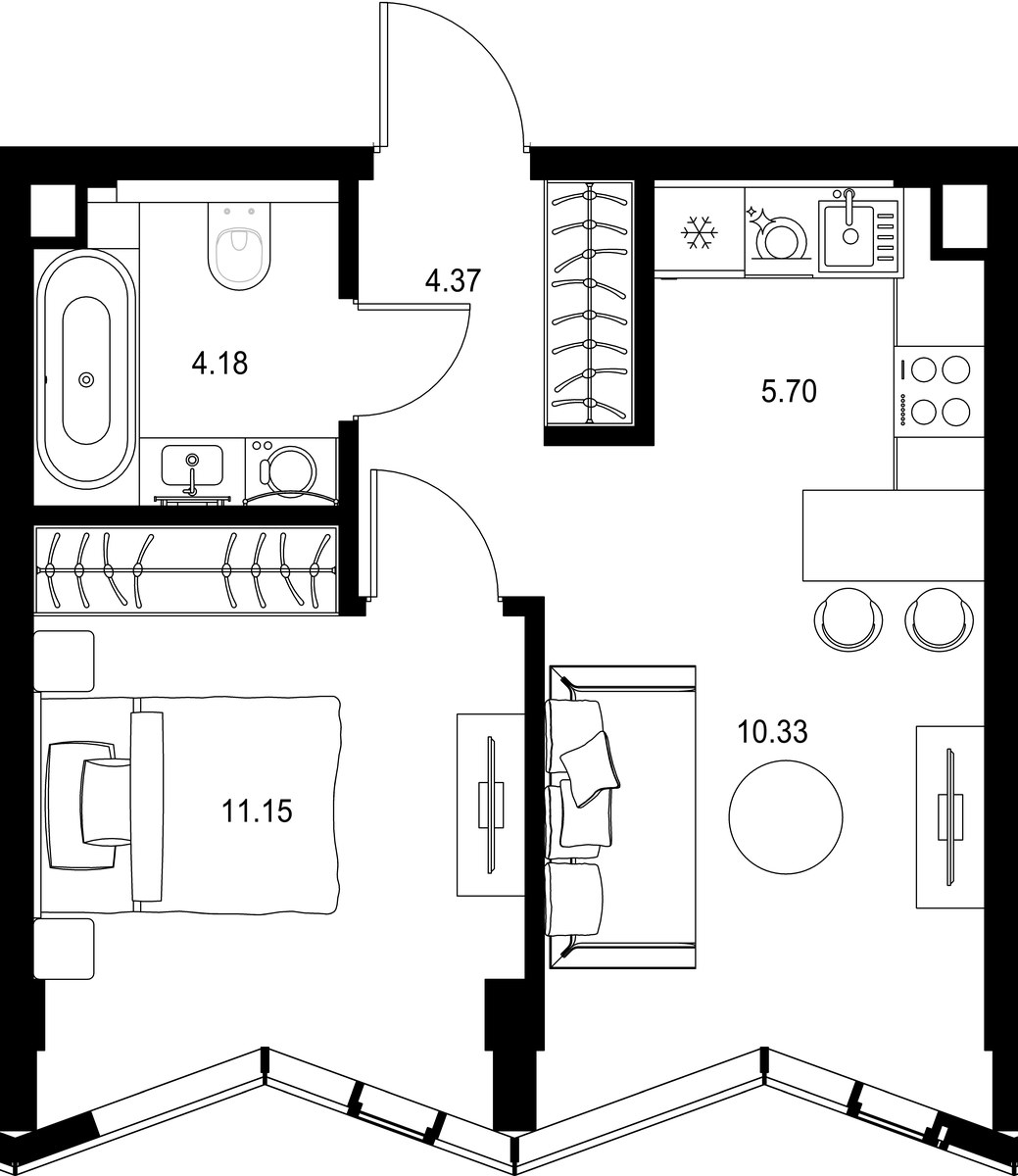 Планировка: 1-комнатная, 35.73 м²