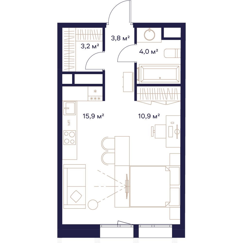 Планировка: 1-комнатная, 38.2 м²