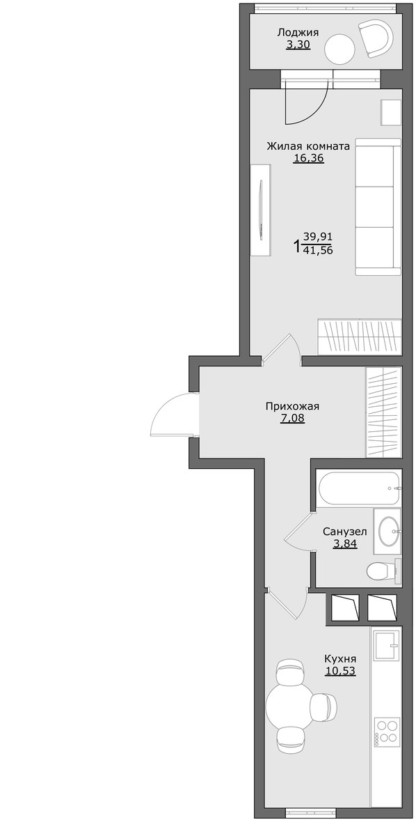 Планировка: 1-комнатная, 41.56 м²