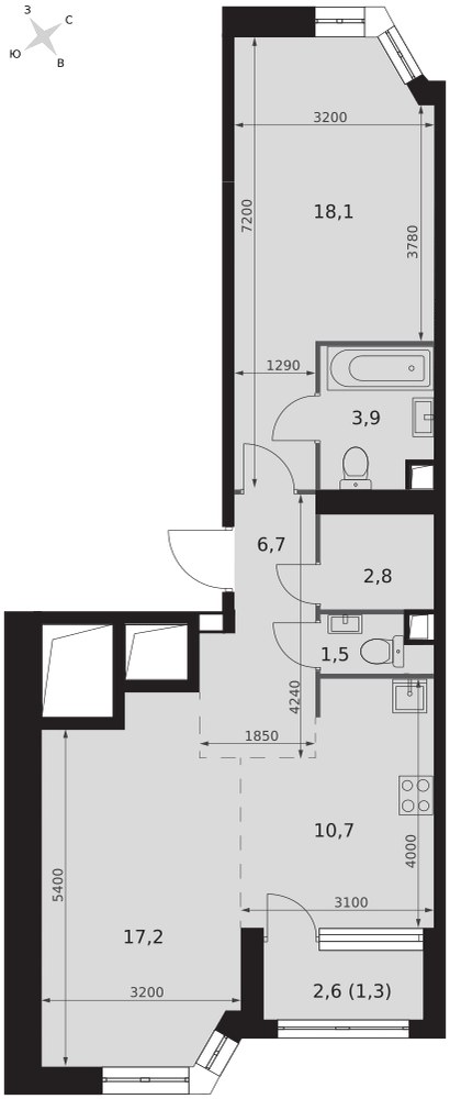 Планировка: 2-комнатная, 62.2 м²