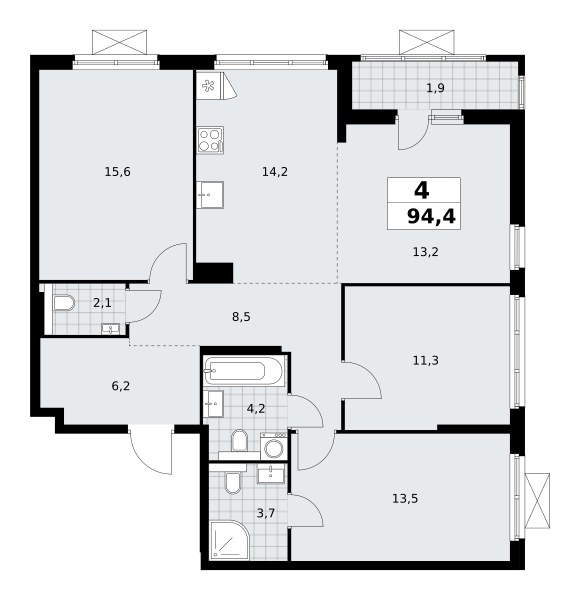 Планировка: 4-комнатная, 94.2 м²