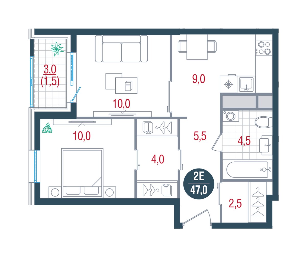 Планировка 47.0 м²