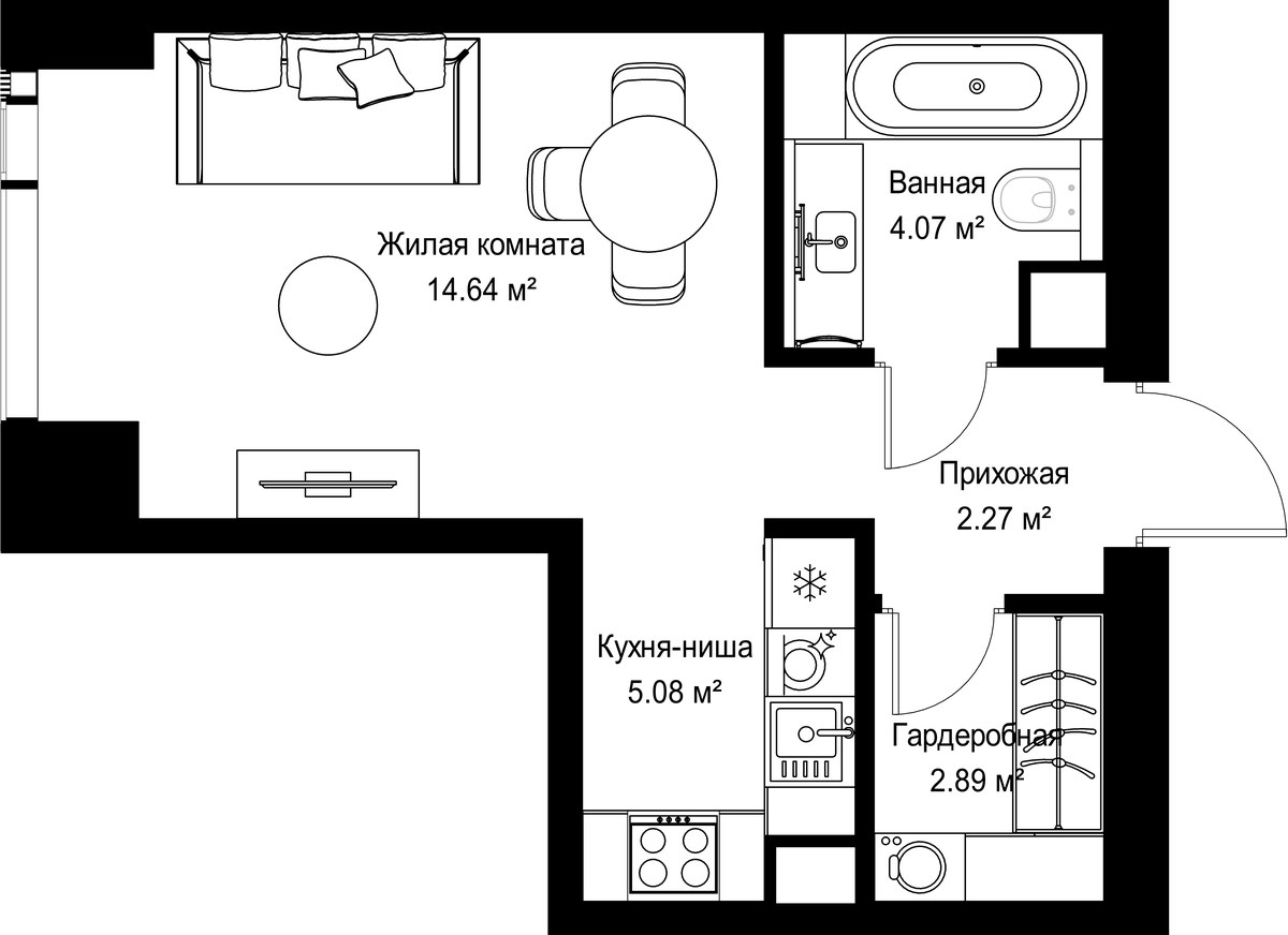 Планировка: 1-комнатная, 28.95 м²