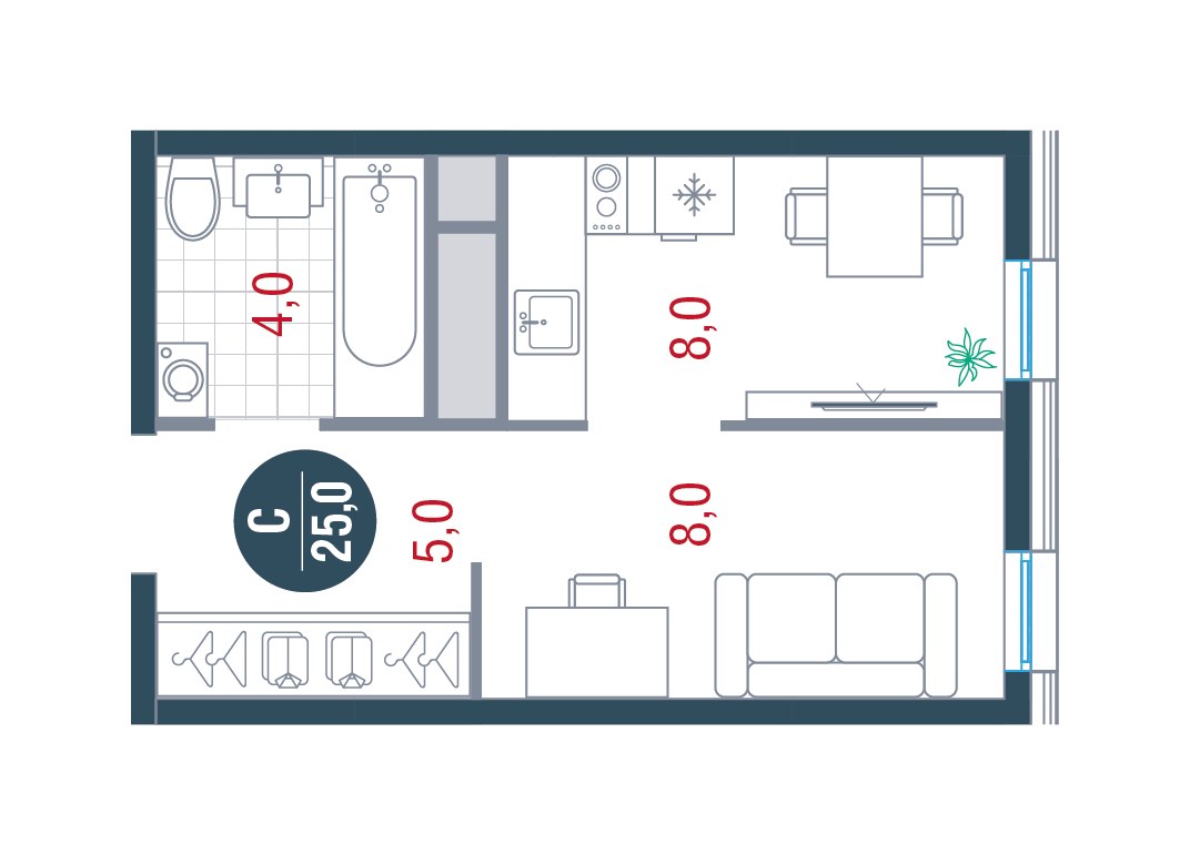 Планировка: Студия, 25.0 м²