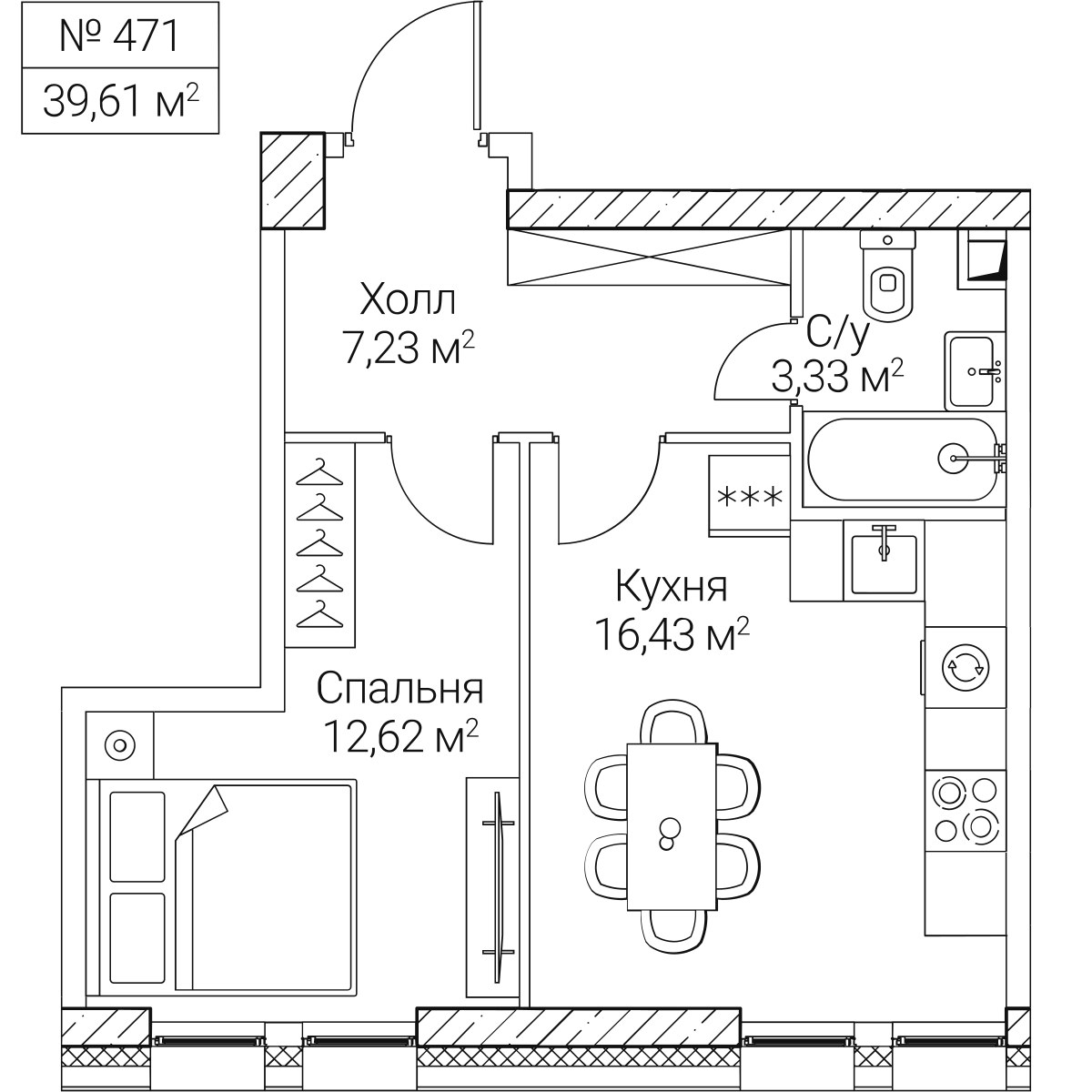 Планировка: 1-комнатная, 39.61 м²