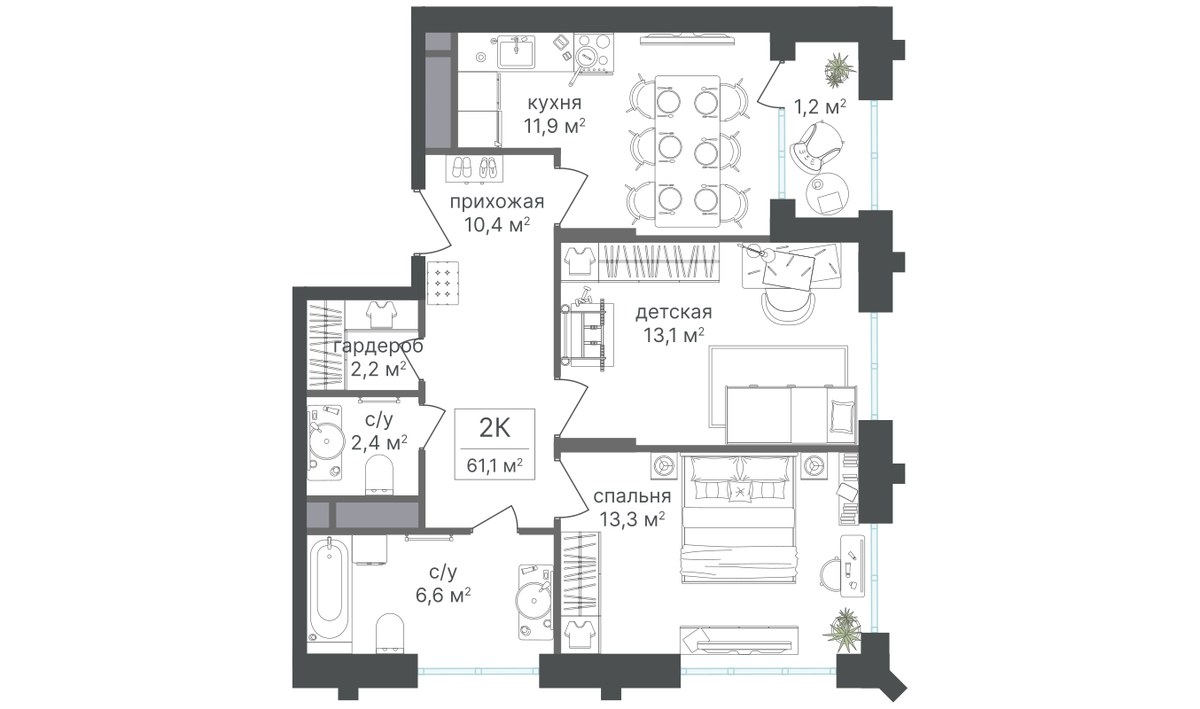Планировка 61.1 м²