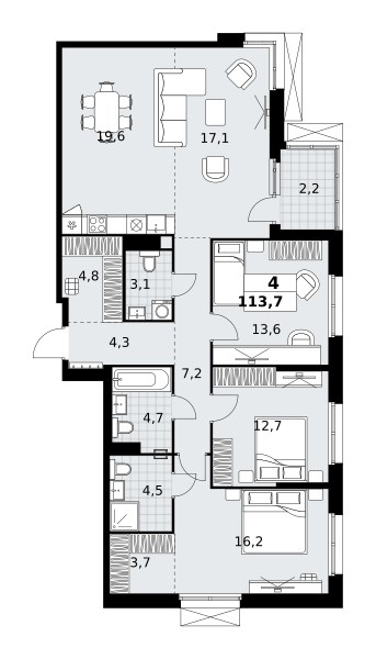 Планировка: 4-комнатная, 113.7 м²