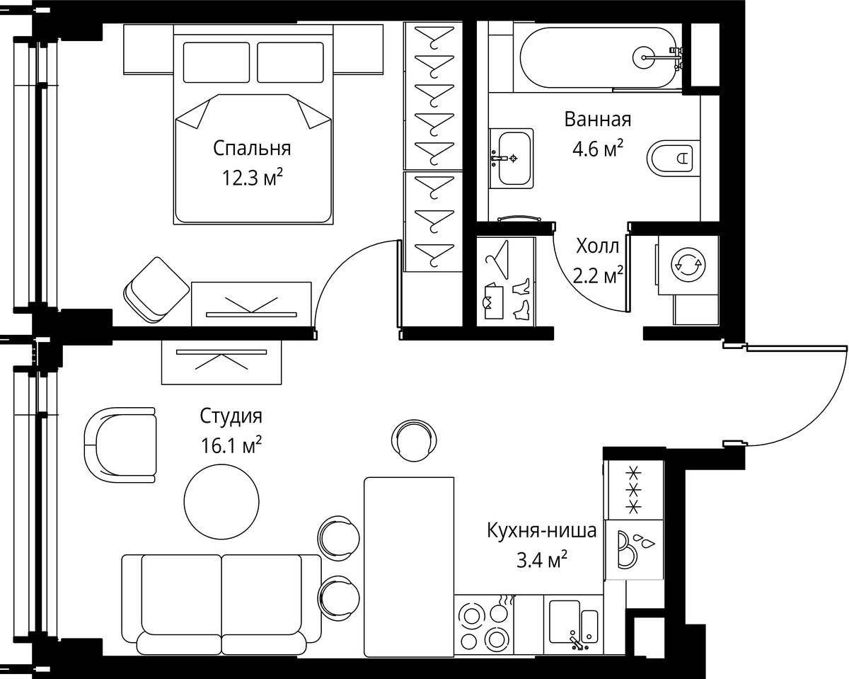 Планировка: 1-комнатная, 38.6 м²