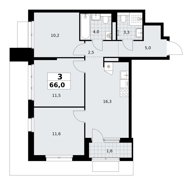 Планировка: 3-комнатная, 66.0 м²