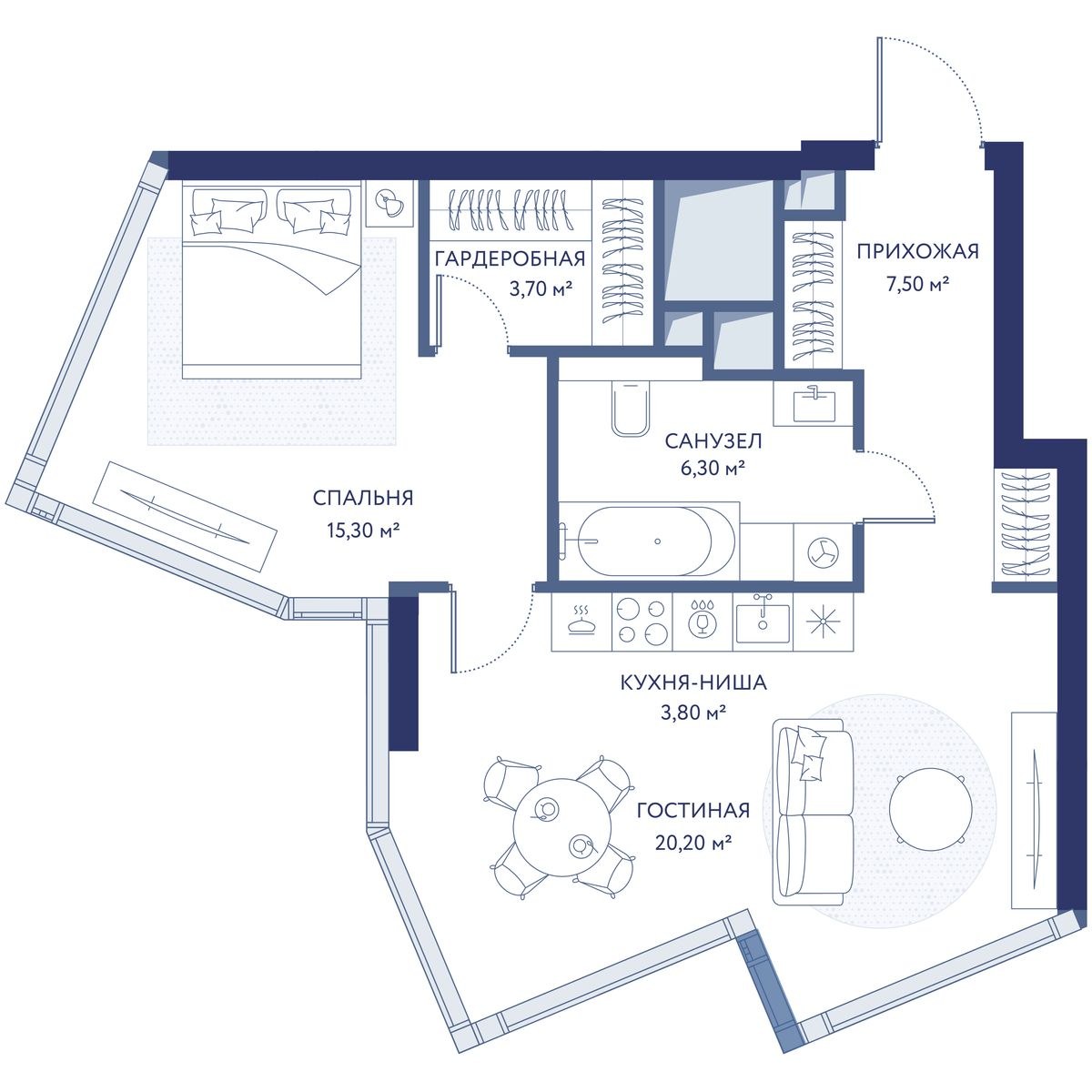 Планировка: 1-комнатная, 56.8 м²
