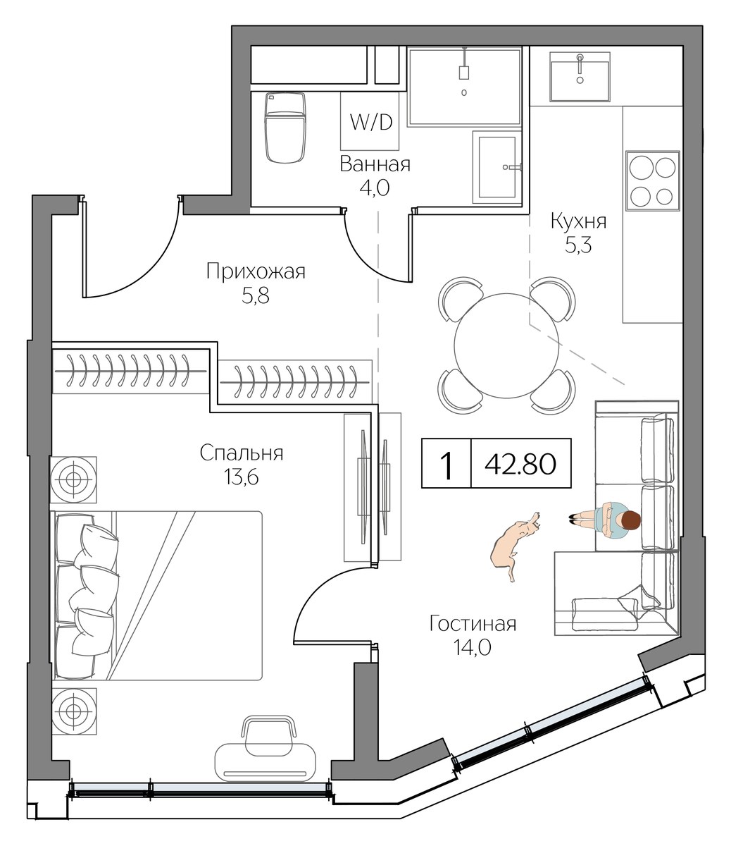 Планировка: 1-комнатная, 42.8 м²