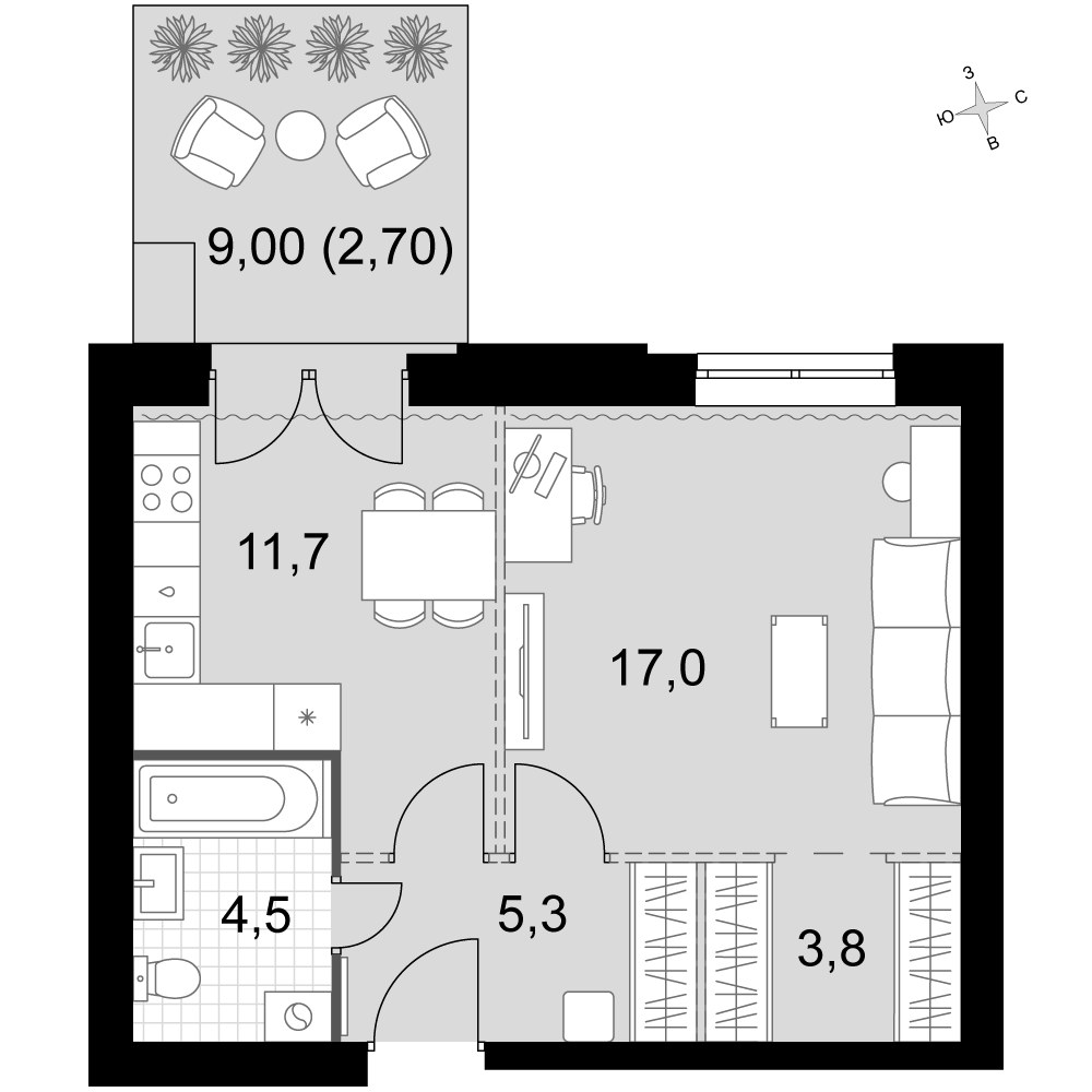 Планировка: 1-комнатная, 45.0 м²
