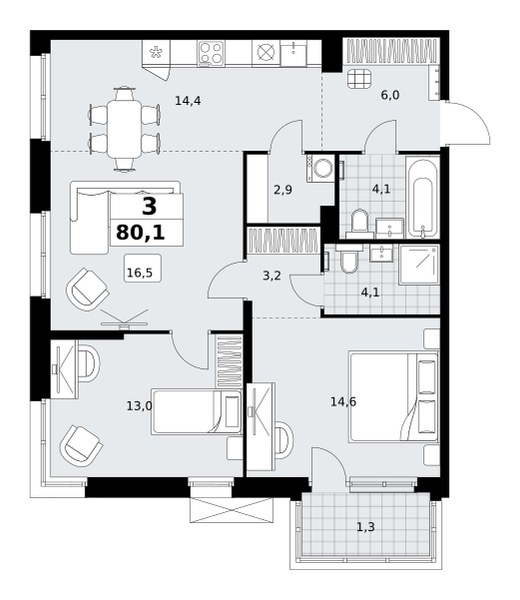 Планировка: 3-комнатная, 80.1 м²