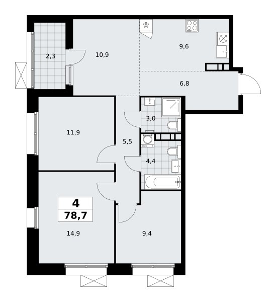 Планировка: 4-комнатная, 78.4 м²
