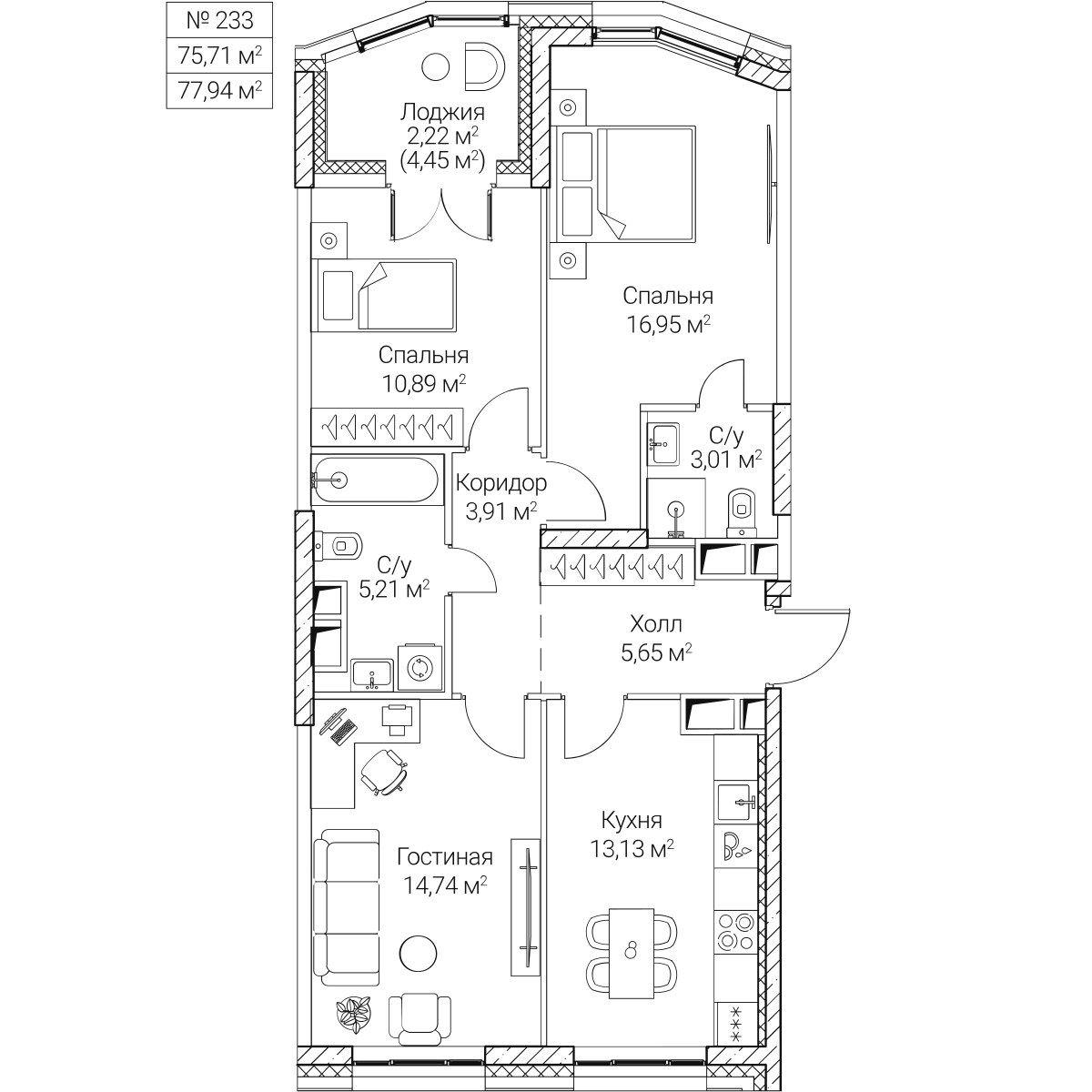 Планировка 75.71 м²