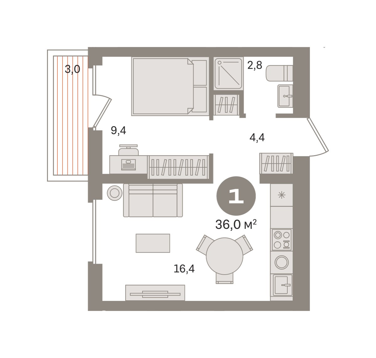 Планировка 35.98 м²