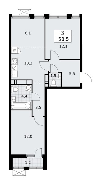 Планировка: 3-комнатная, 58.5 м²