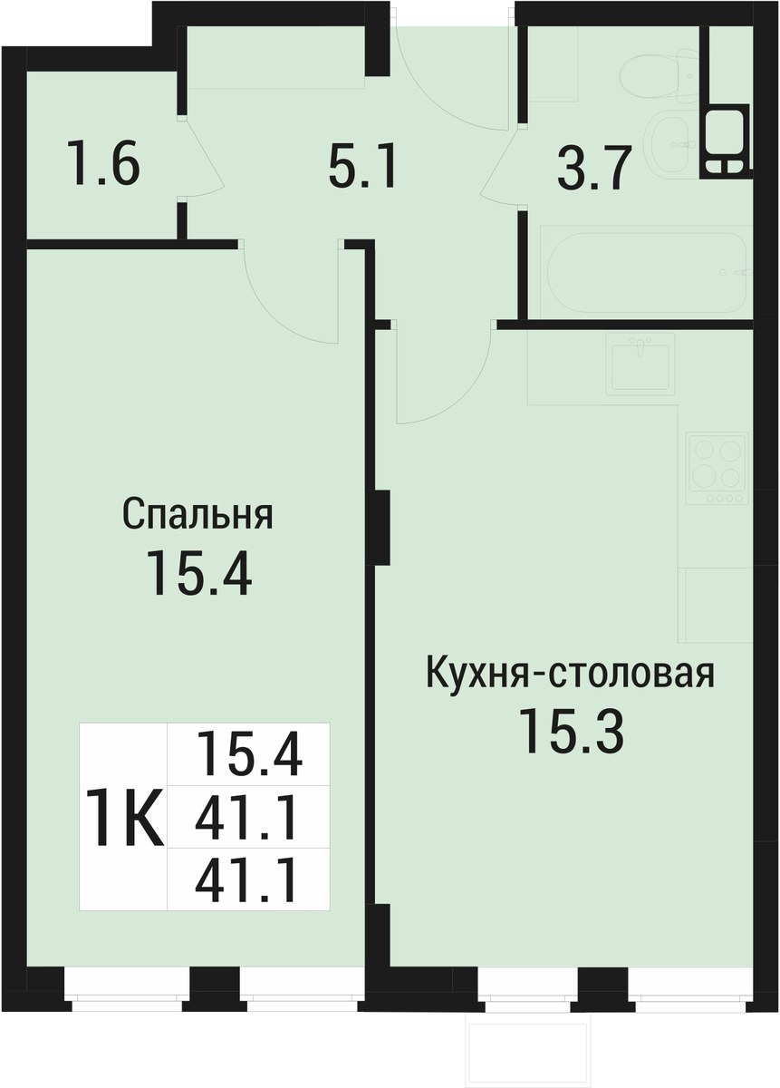Планировка: 1-комнатная, 41.1 м²