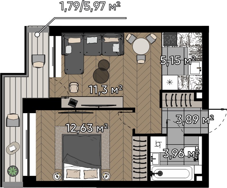 Планировка 38.58 м²