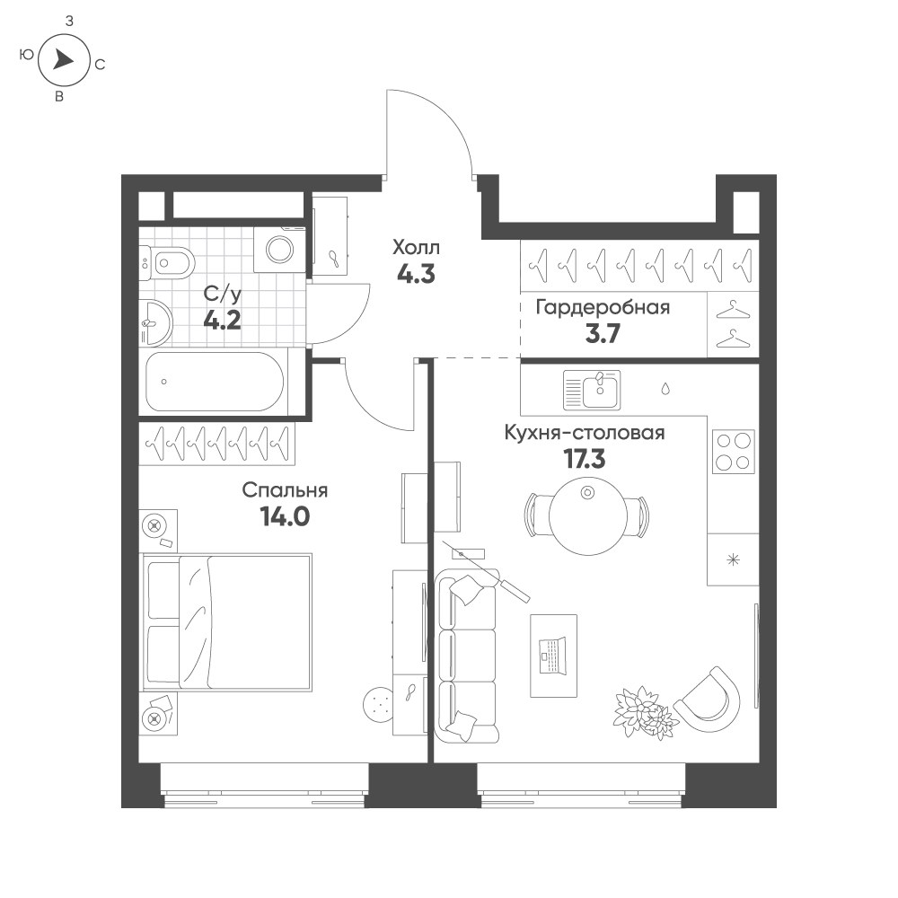 Планировка: 1-комнатная, 43.5 м²