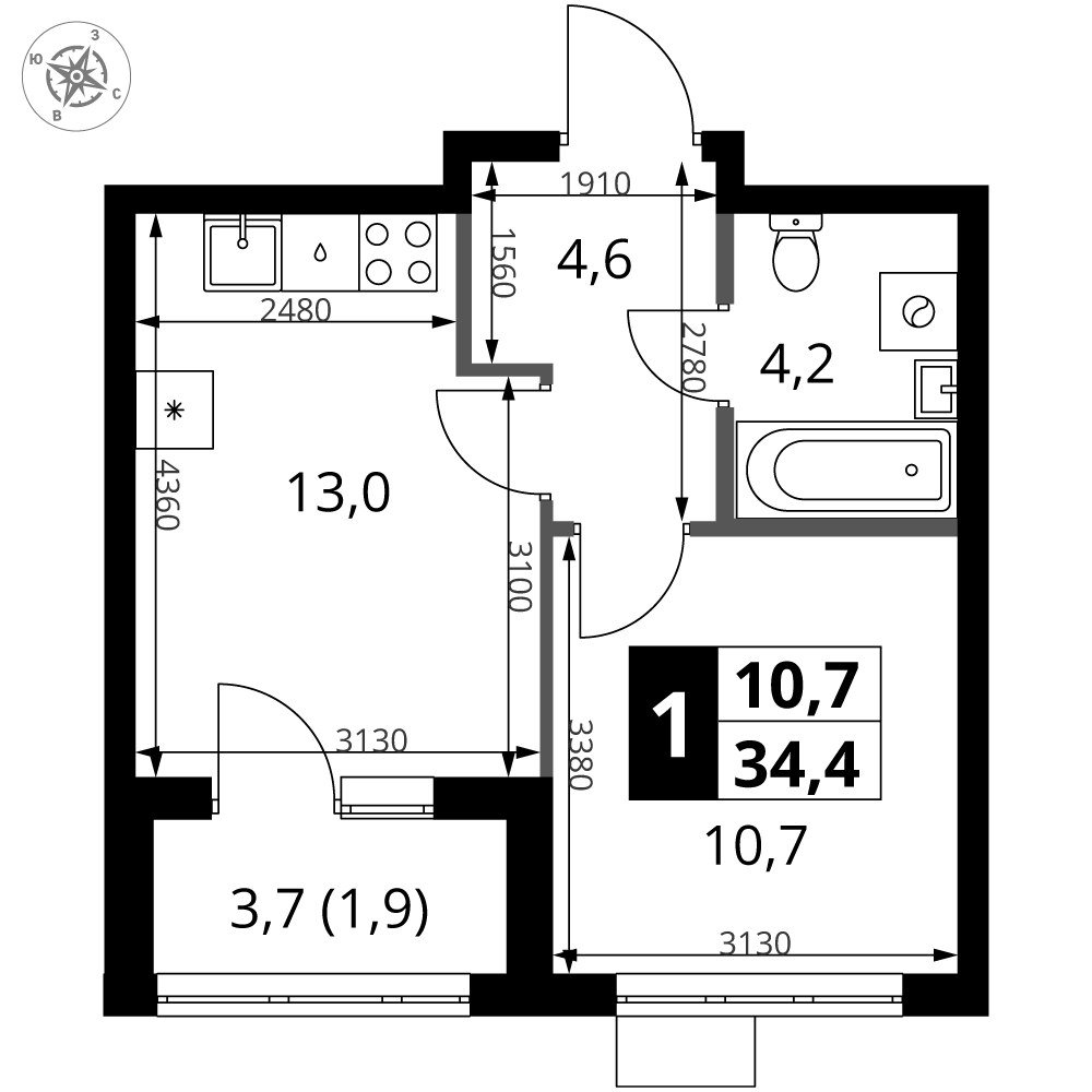 Планировка 34.4 м²