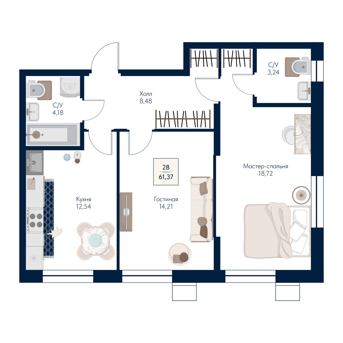 Планировка 61.37 м²