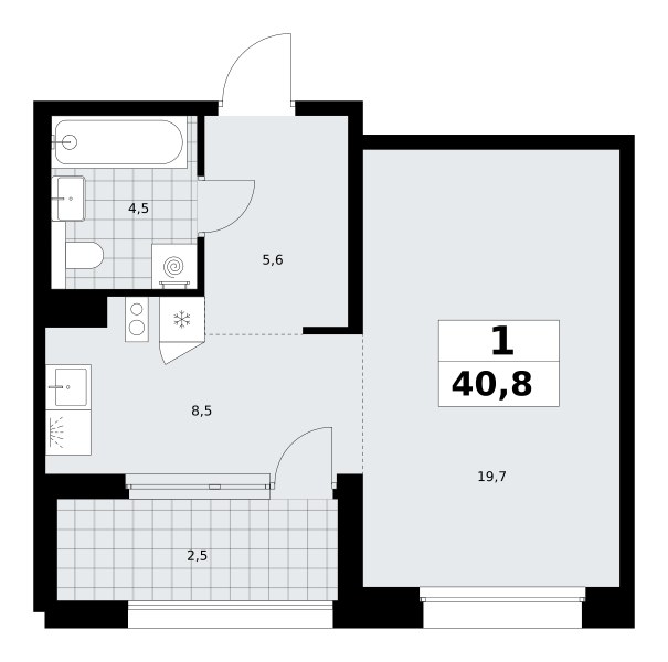 Планировка: Студия, 40.8 м²