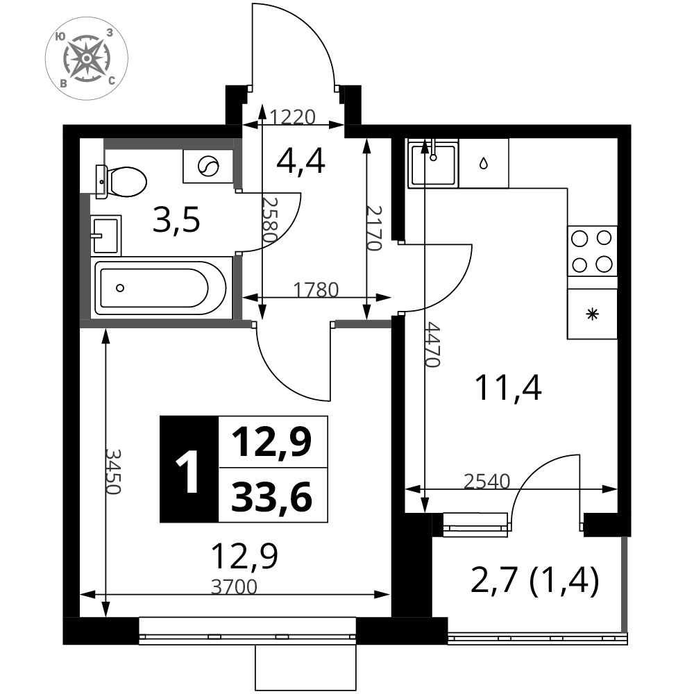 Планировка 33.6 м²
