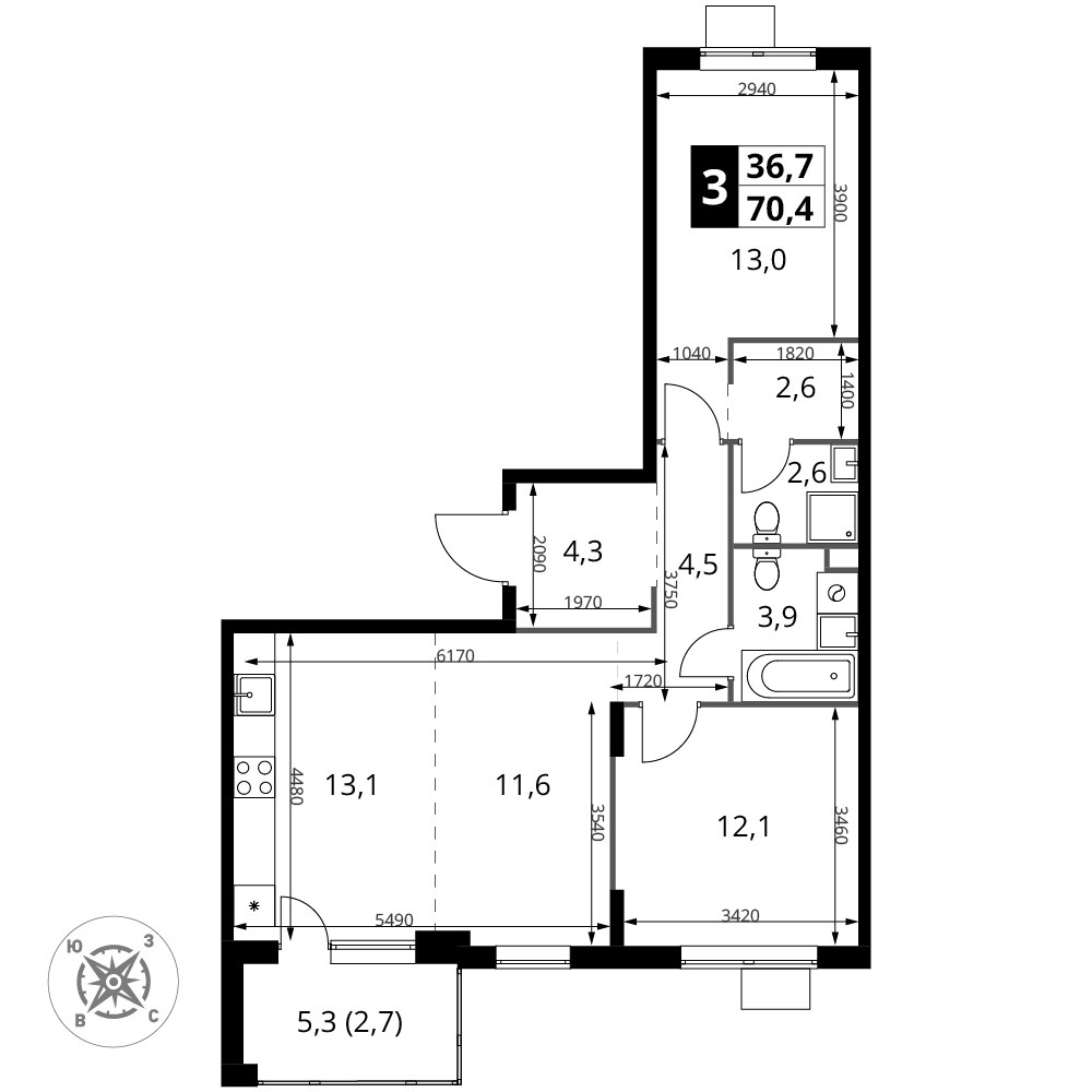 Планировка 70.4 м²