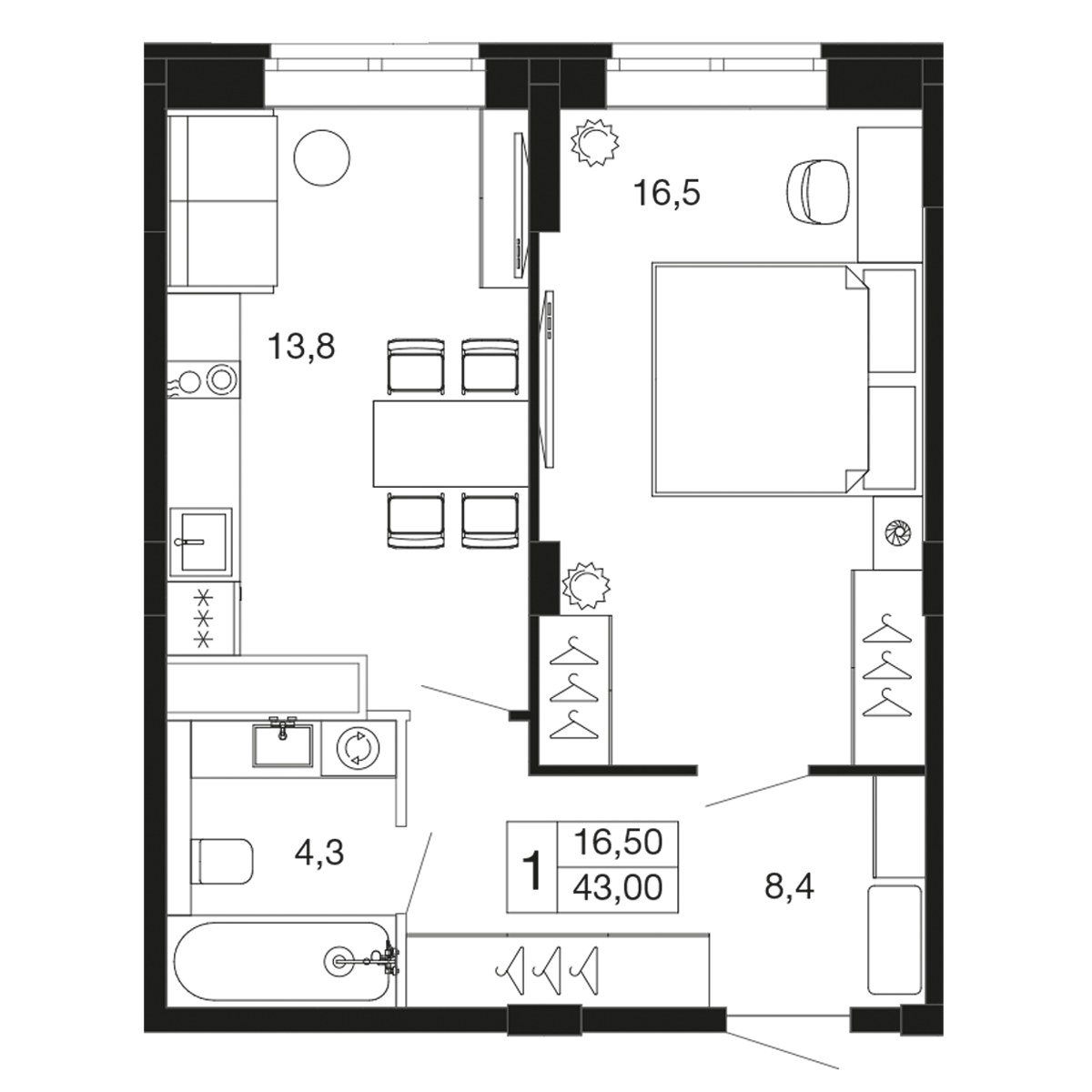 Планировка: 1-комнатная, 43.0 м²