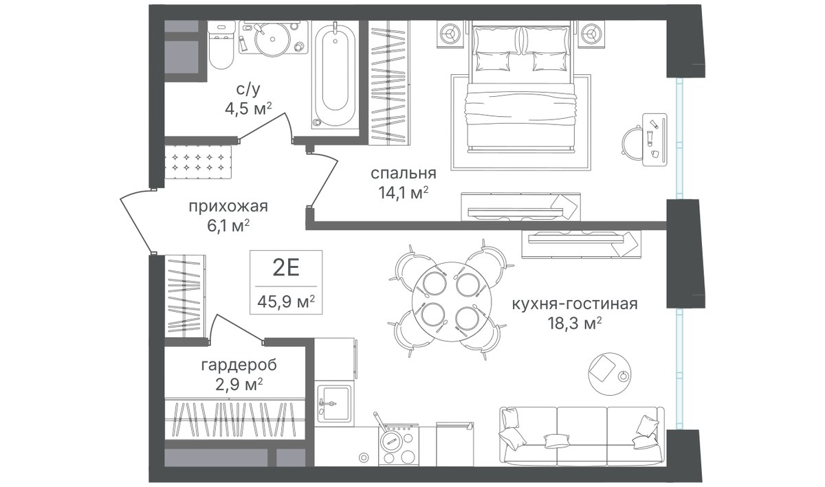 Планировка 46.1 м²