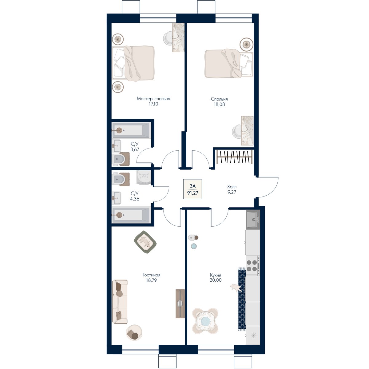 Планировка 91.27 м²