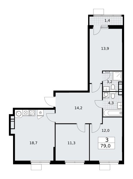 Планировка: 3-комнатная, 79.0 м²