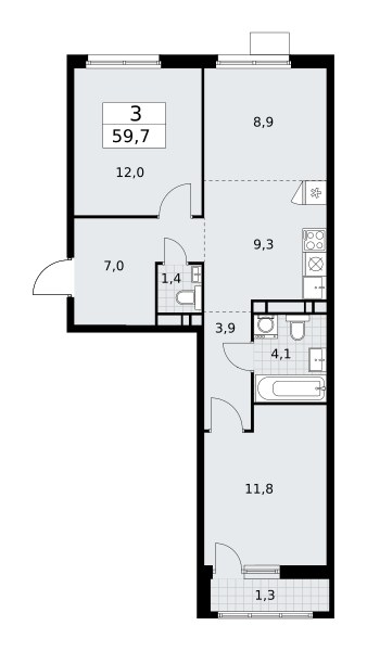 Планировка: 3-комнатная, 59.7 м²