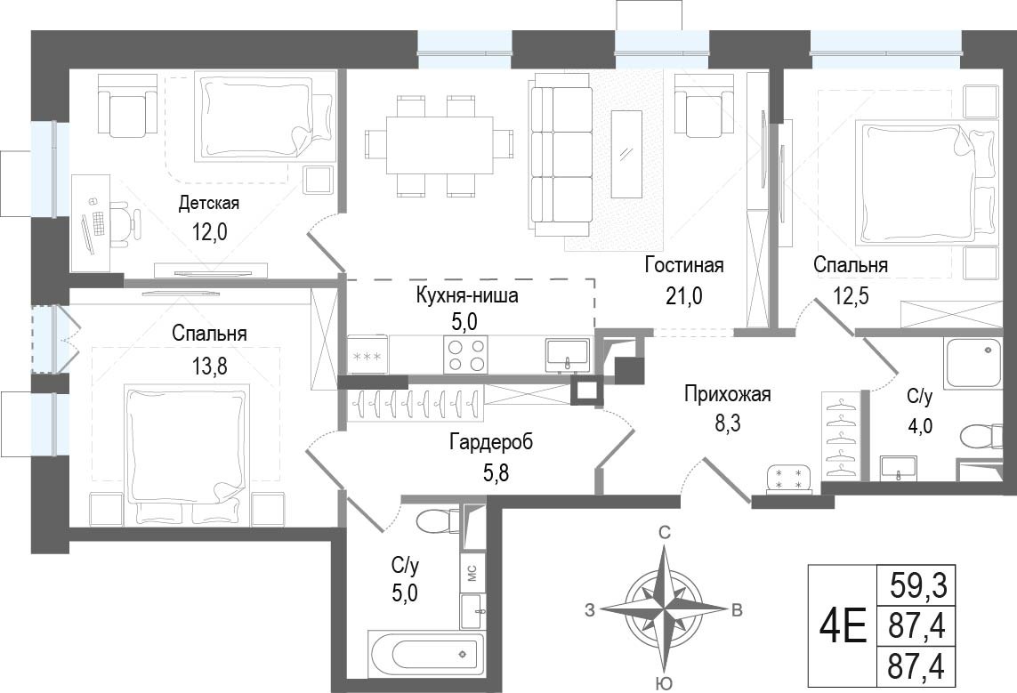 Планировка 87.4 м²