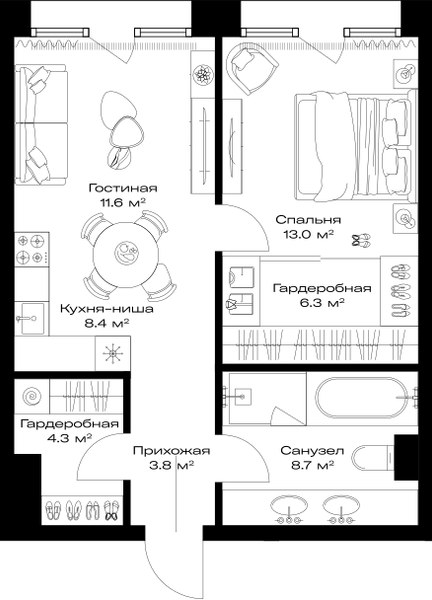 Планировка 56.1 м²