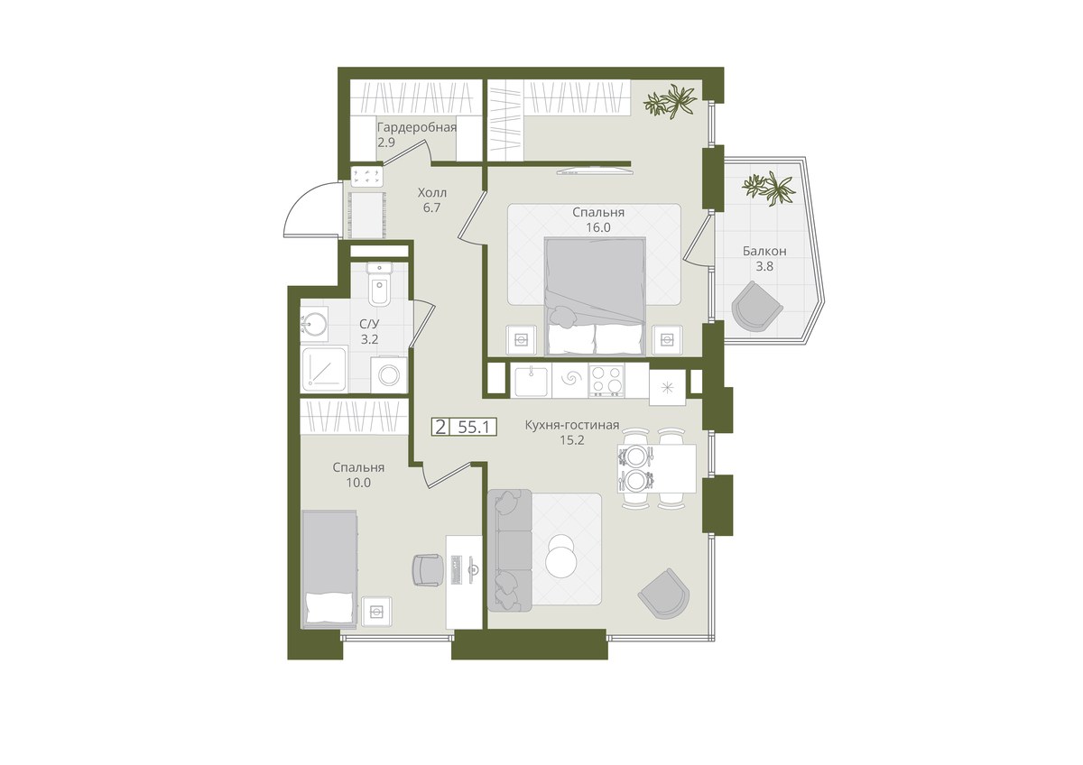 Планировка 55.1 м²