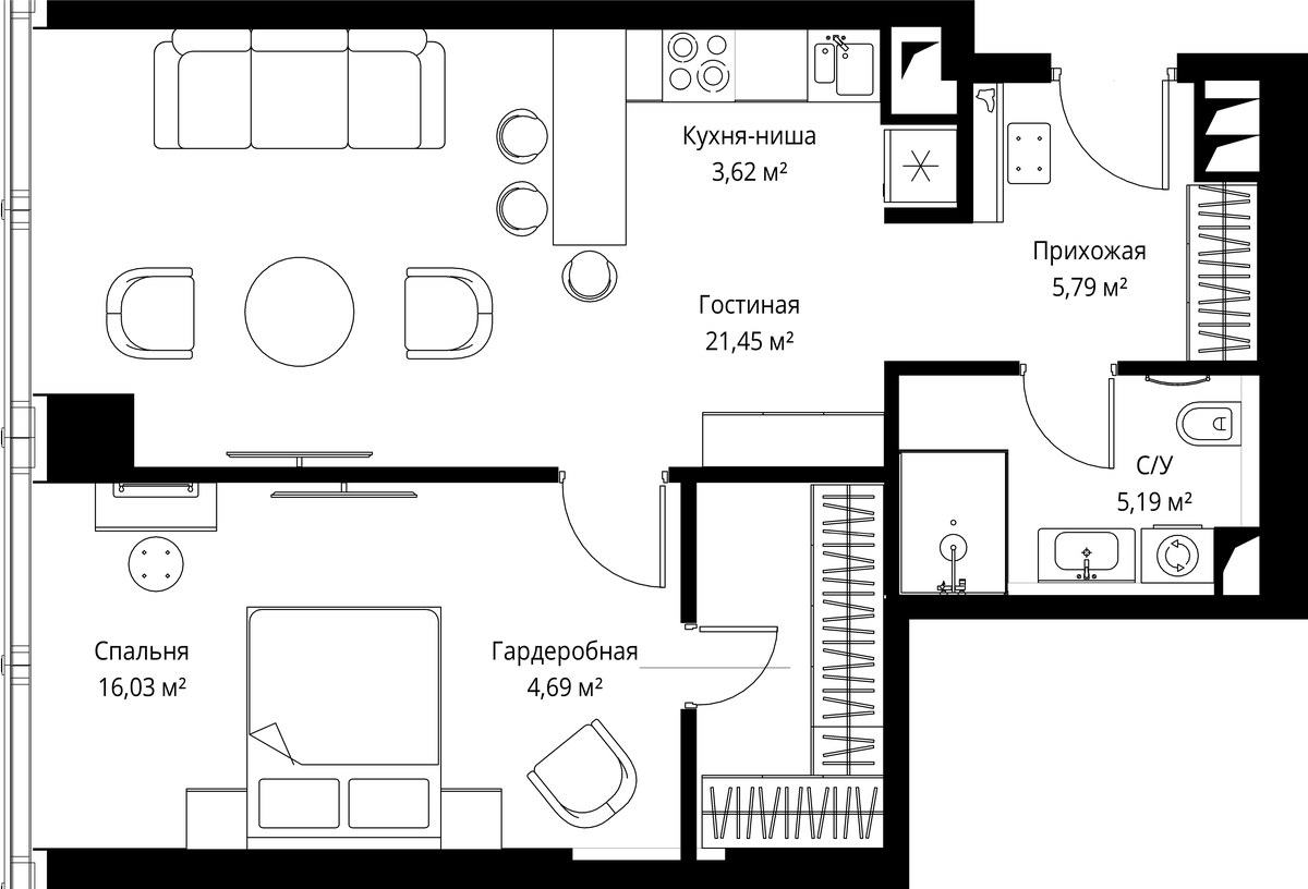 Планировка: 1-комнатная, 56.8 м²