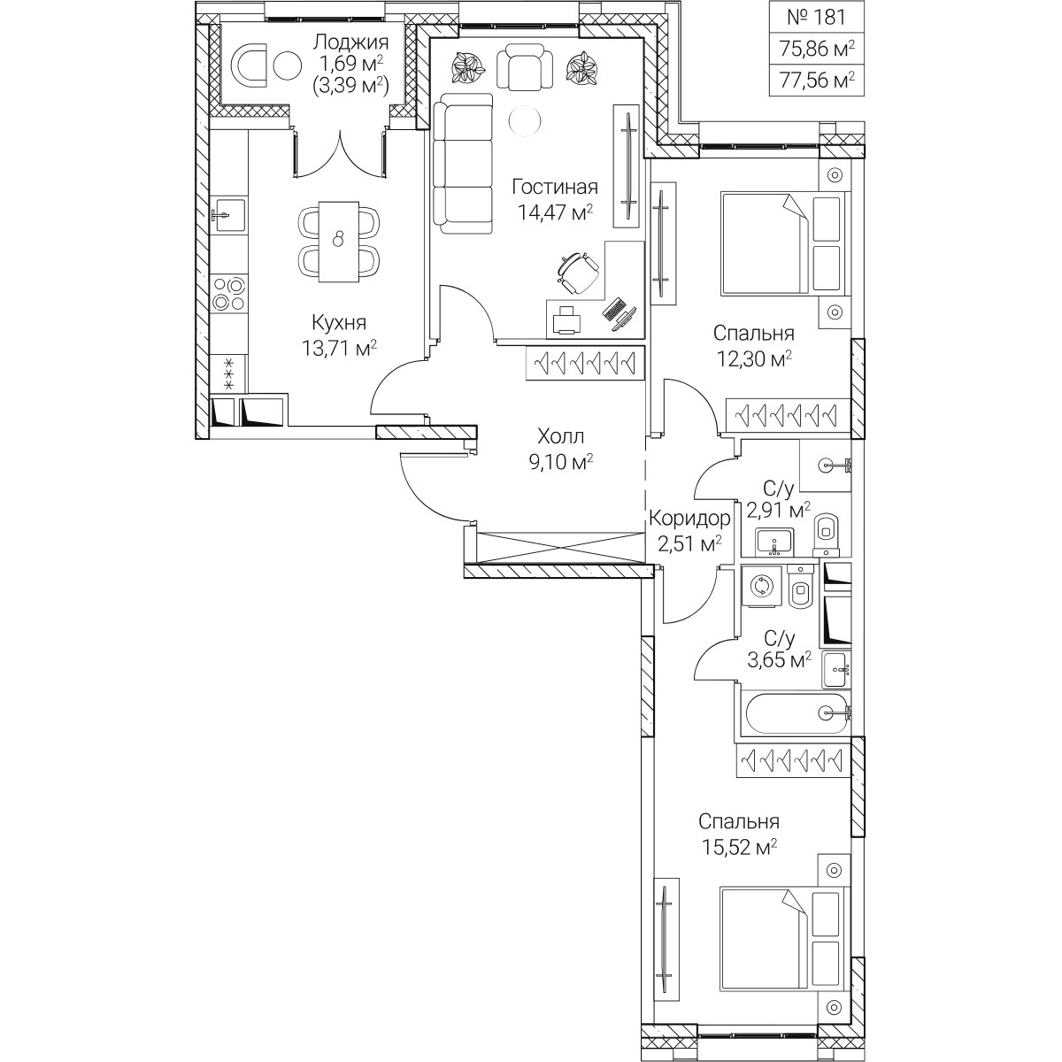 Планировка 75.86 м²