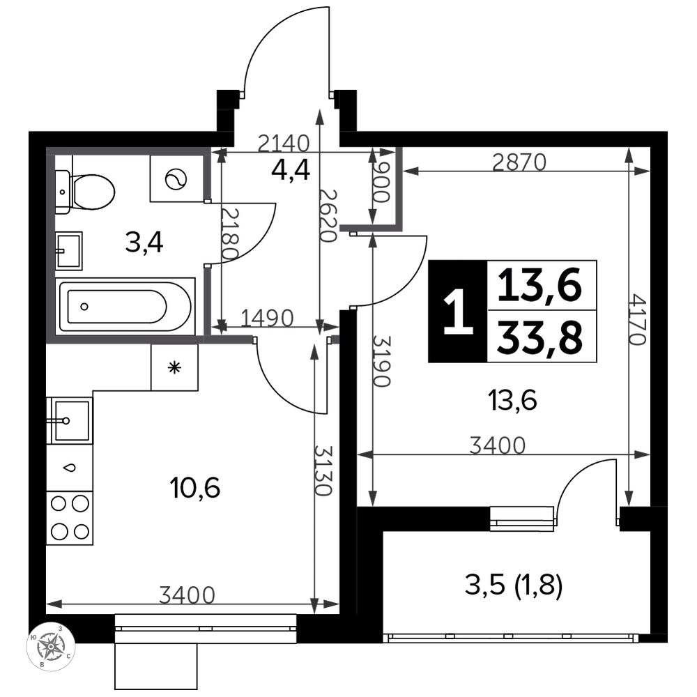 Планировка 34.4 м²
