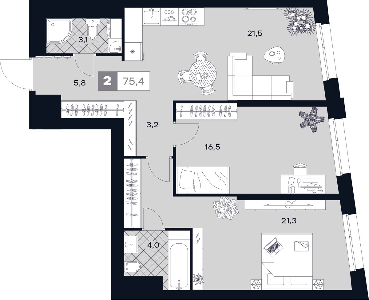Планировка 75.4 м²