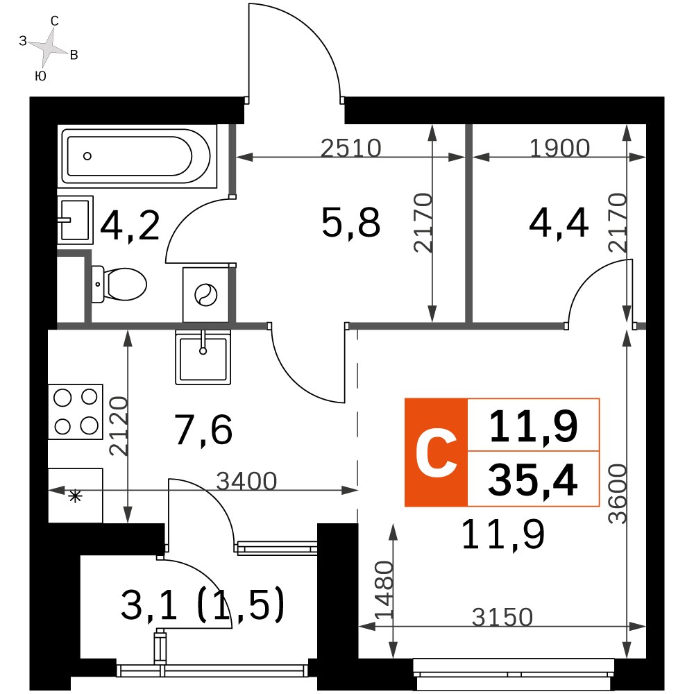 Планировка 33.4 м²