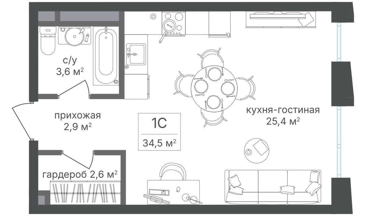 Планировка 34.5 м²