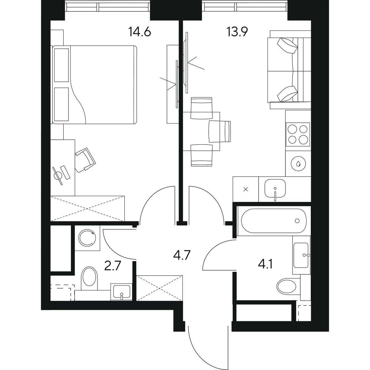 Планировка: 1-комнатная, 40.0 м²