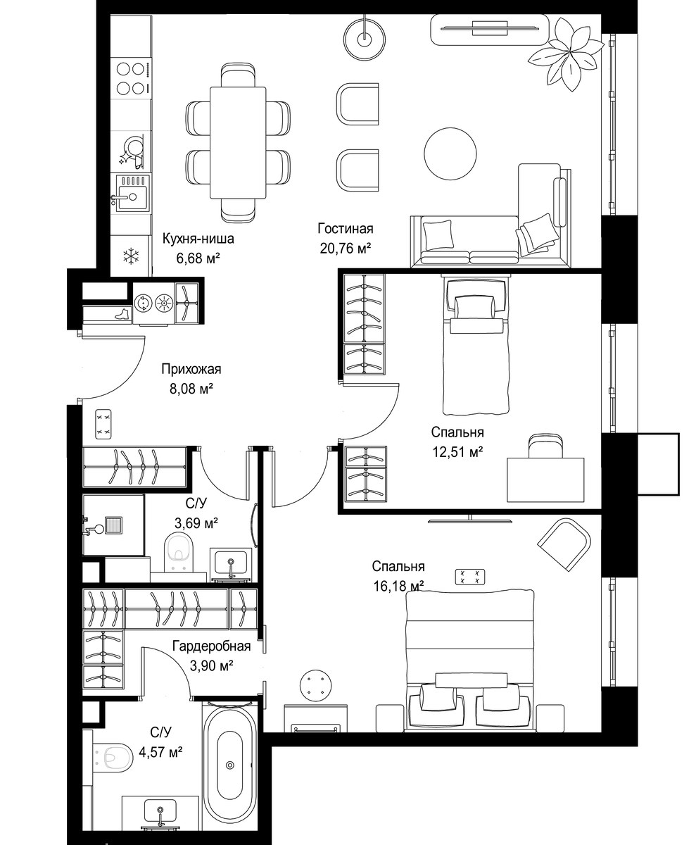 Планировка 76.37 м²