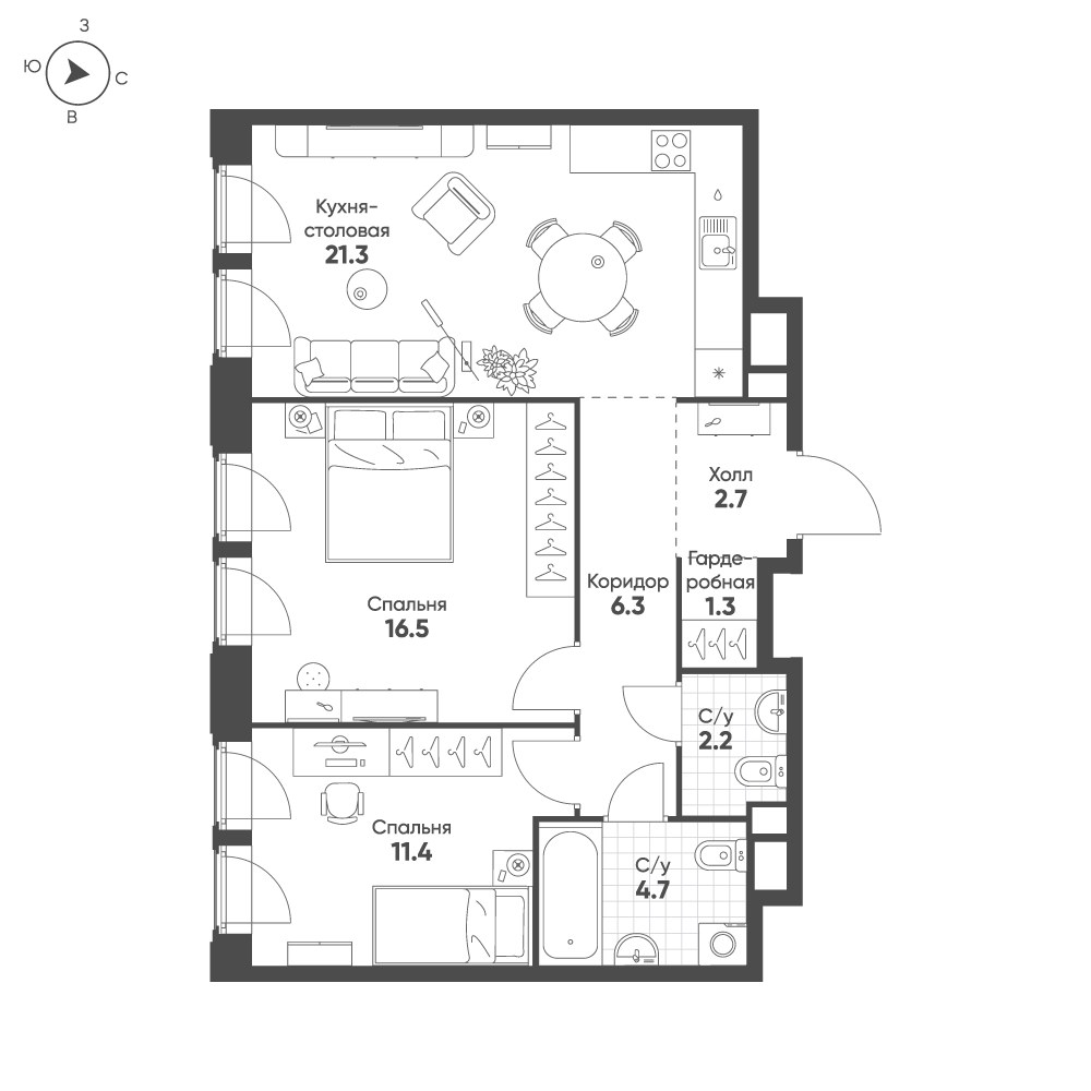 Планировка 66.4 м²