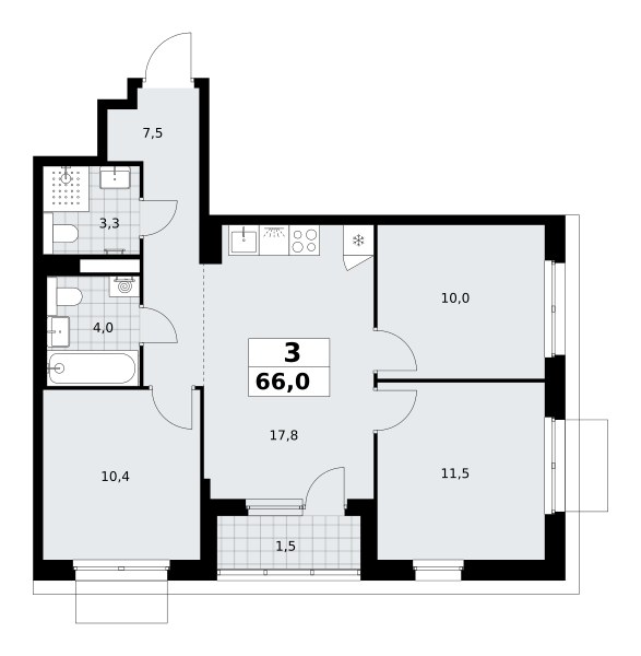 Планировка: 3-комнатная, 66.0 м²