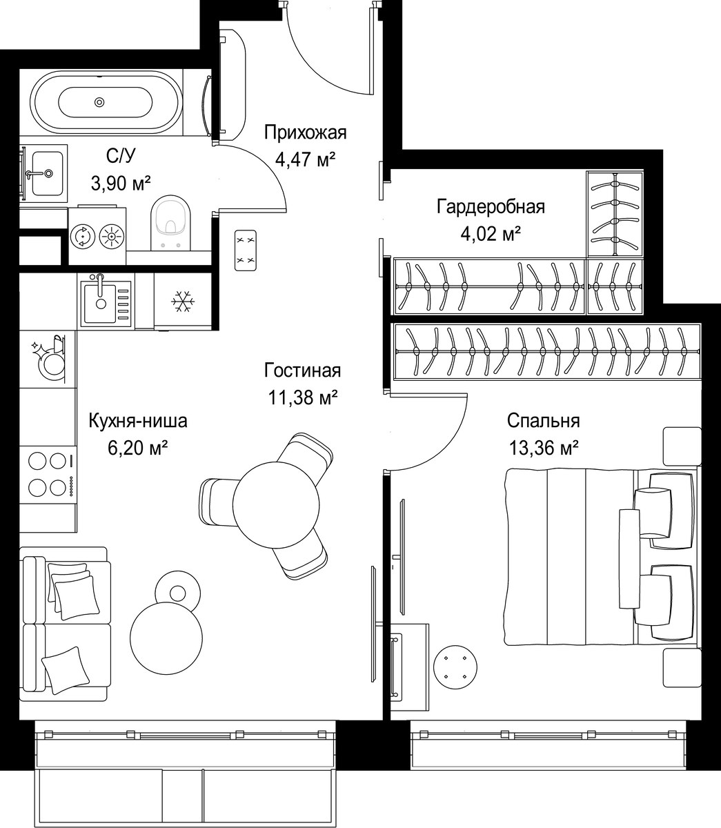 Планировка: 1-комнатная, 43.33 м²
