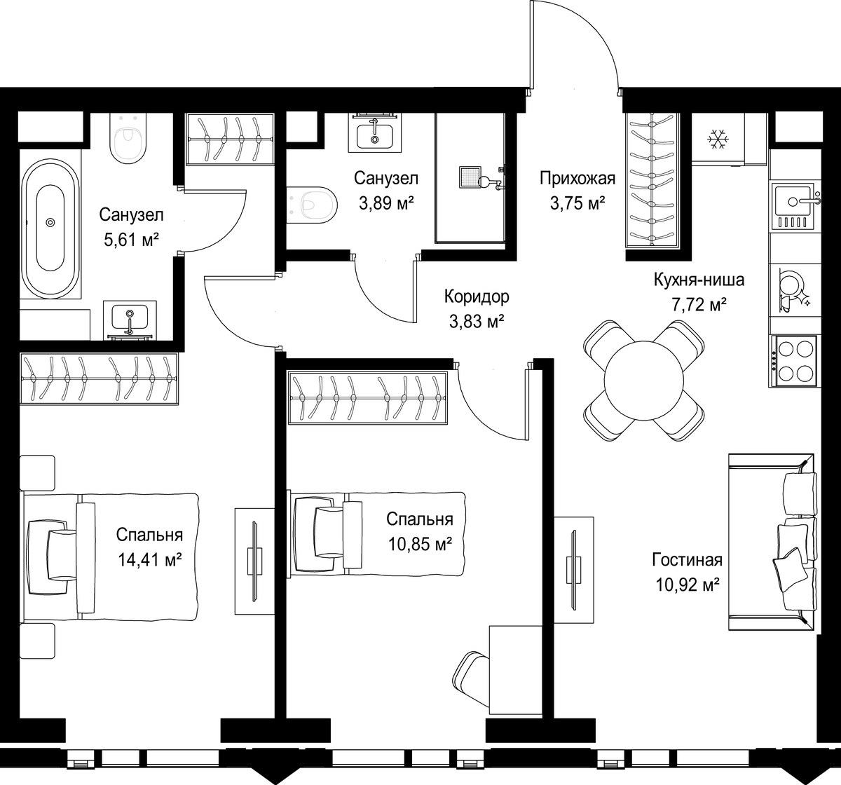 Планировка 60.98 м²